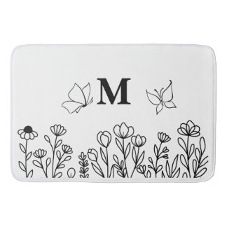 Floral Line Art Custom Monogram  Bath Mat