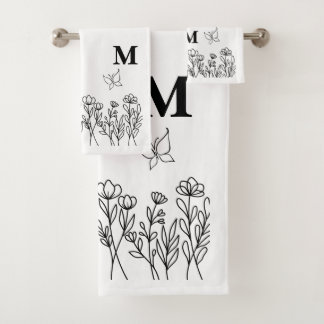 Floral Line Art Custom Monogram  Bath Towel Set