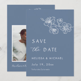 Floral Line Art Dusty Blue Arched Save The Date