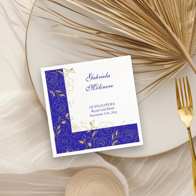 Floral Line Art Elegant Royal Blue and Gold Party Napkin (Cocktail Napkins from my Elegant Gold Flowers Quinceanera Collection)