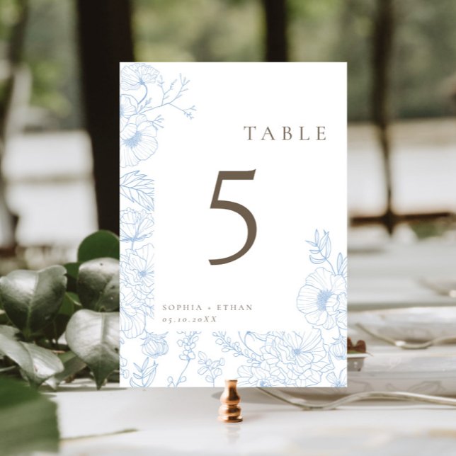 Floral Line Art French Blue Wedding Table Number (Creator Uploaded)