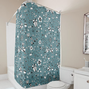 Floral Line Art Green Shower Curtain