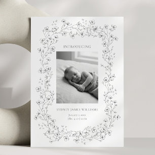 Floral Line Art Photo Black White Elegant Birth Announcement