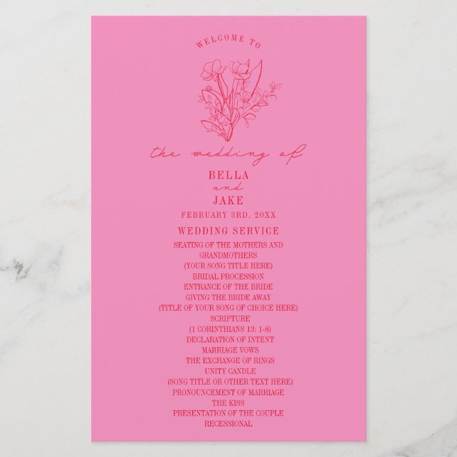 Floral Line Art Pink Red Wedding Program (Front)
