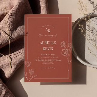 Floral Line Art Rustic Terracota Elegant Wedding Invitation