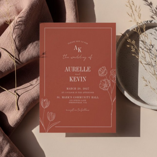 Floral Line Art Rustic Terracota Elegant Wedding  Invitation (Creator Uploaded)
