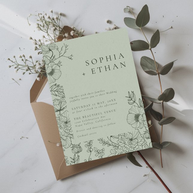 Floral Line Art Sage Green Wedding Invitation (Creator Uploaded)