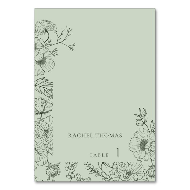 Floral Line Art Sage Green Wedding Place Card (Front)