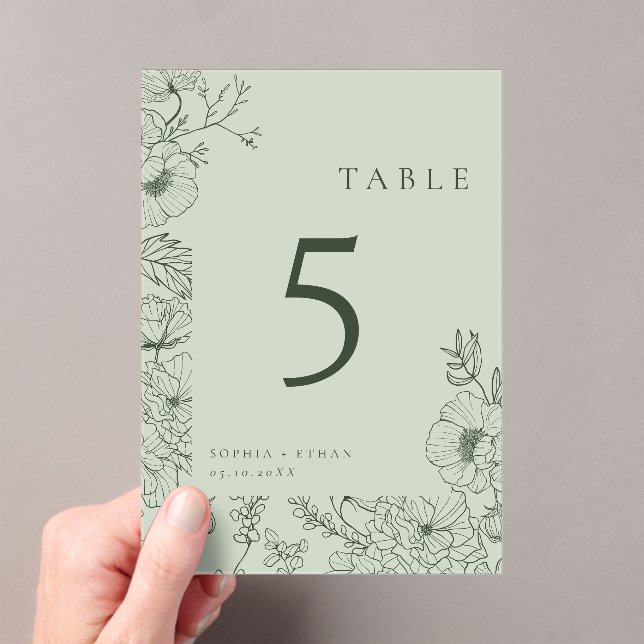 Floral Line Art Sage Green Wedding Table Number (Insitu (Handheld))