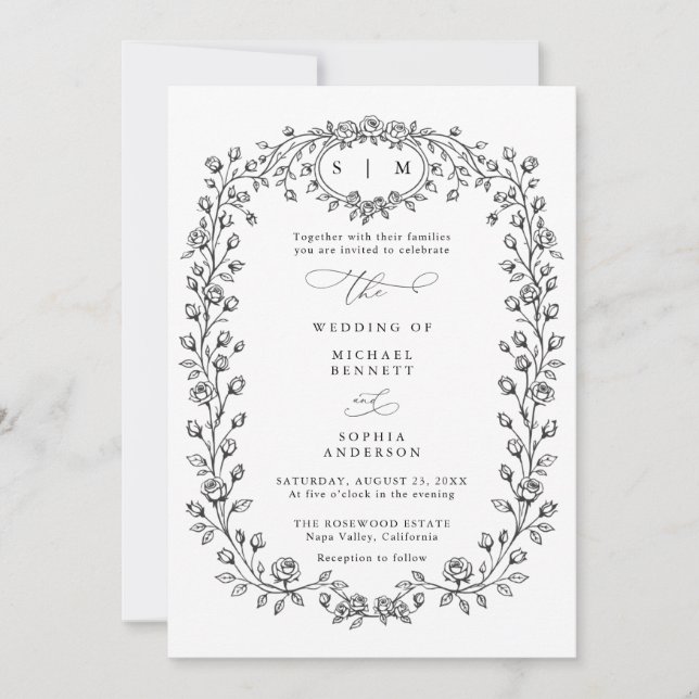 Floral Line Art Wedding Invitation (Front)