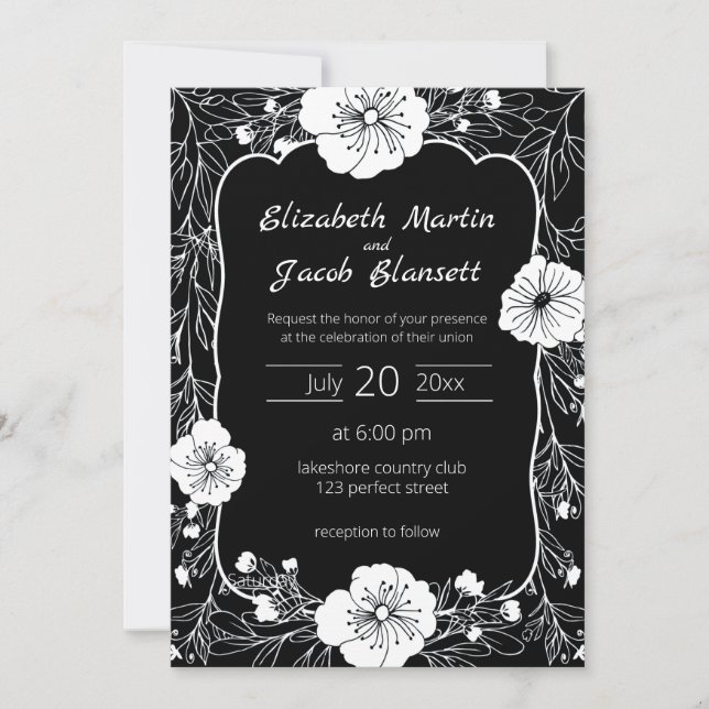 Floral Line Art White and Black Wedding Invitation (Front)
