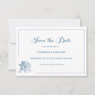 Floral Line Art White Dusty Blue Wedding Save The Date