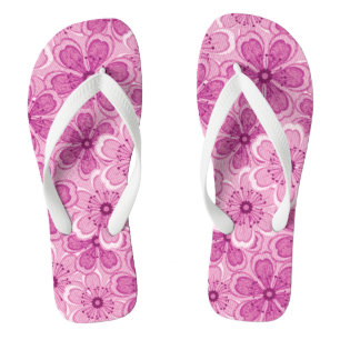 Floral Line Art White N Raspberry Pink Thongs