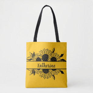 Floral line drawing sunflowers personalized name tote bag