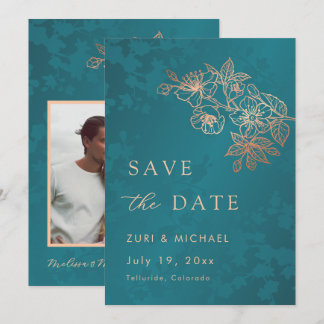 Floral Line Rose Gold Teal Arched Save The Date