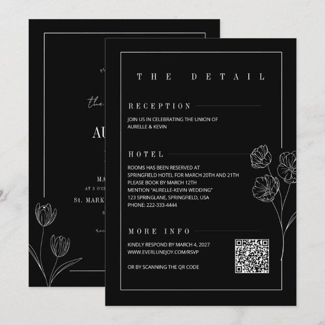Floral Line Rustic Black Elegant All in Wedding  Invitation (Front/Back)