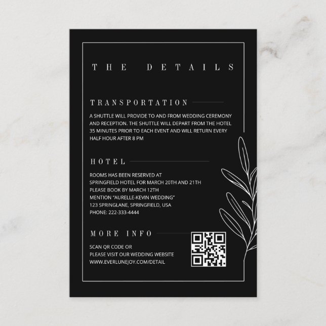 Floral Line Rustic Black Elegant Wedding Details Enclosure Card (Front)