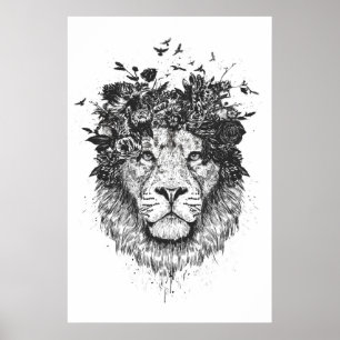 Floral lion (blackandwhite) poster