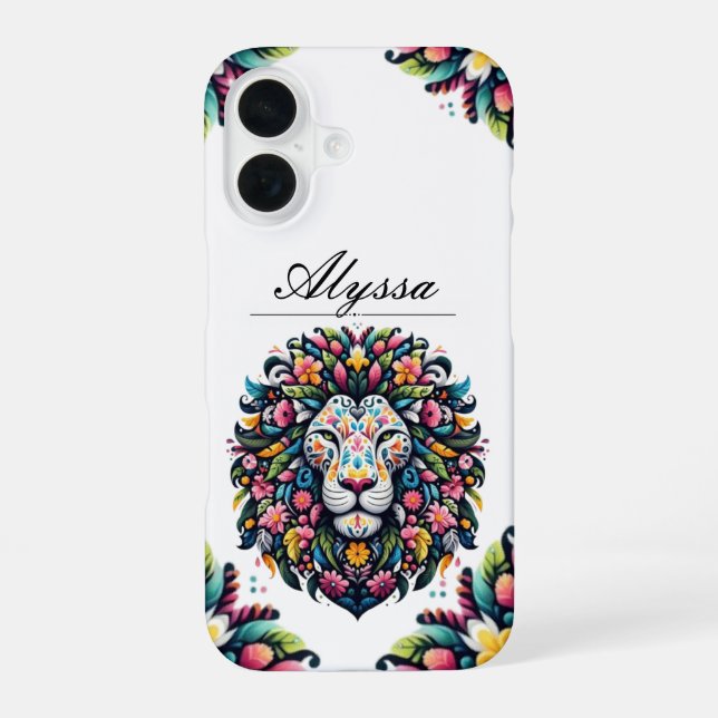 Floral Lion Silhouette iPhone 16 Case (Back)
