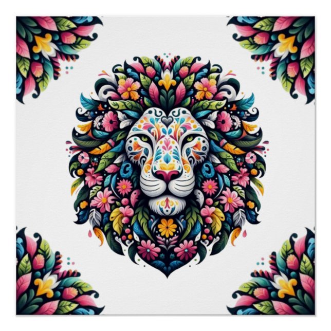 Floral Lion Silhouette Poster (Front)