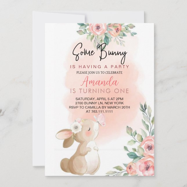 Floral little Bunny Girl Birthday Invitation (Front)