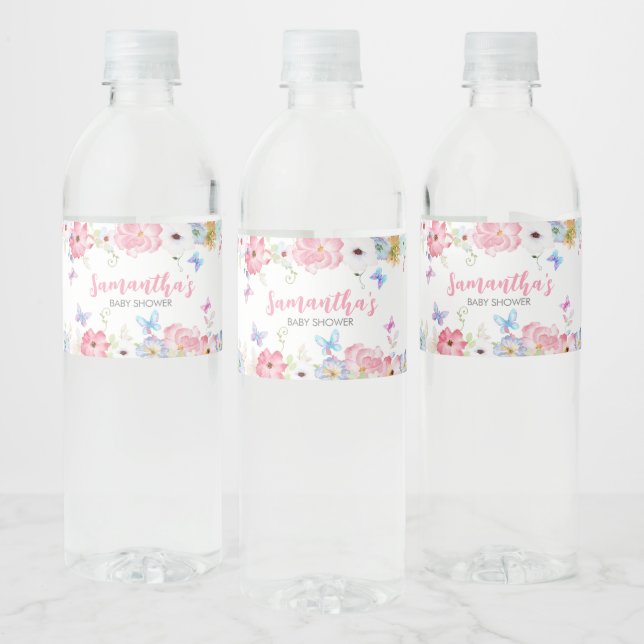 Floral Little Butterfly Baby Shower Water Bottle Label (Bottles)