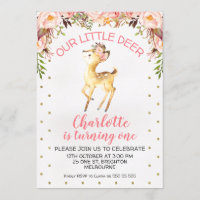 Floral Little Deer Birthday Party Invitation
