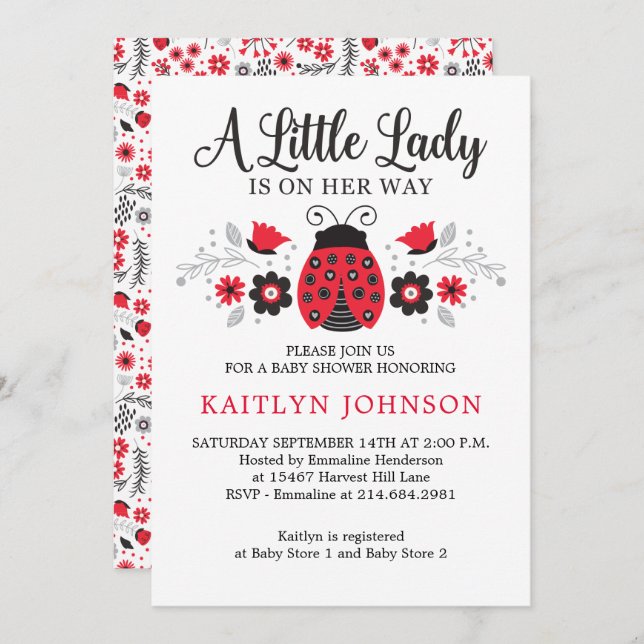Floral Little Lady Ladybug Girl Baby Shower Invitation (Front/Back)