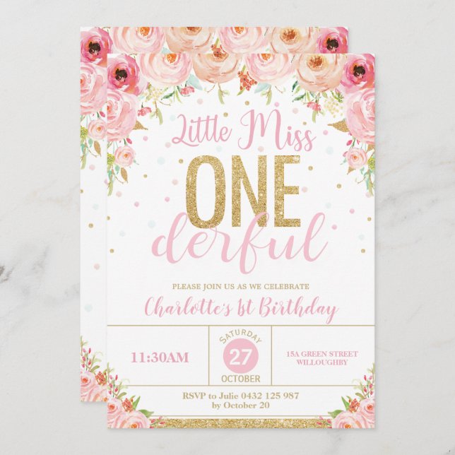 Floral Little Miss Onederful 1st Birthday Gold Invitation (Front/Back)