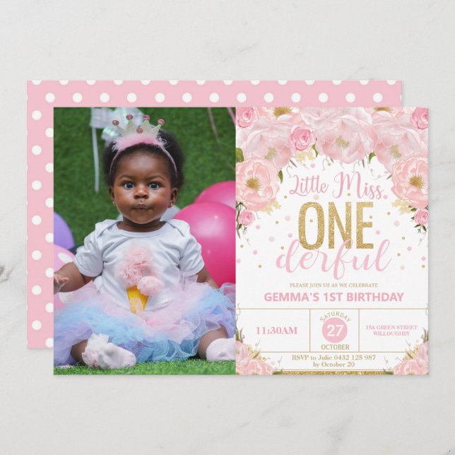 Floral Little Miss Onederful 1st Birthday Photo Invitation (Front/Back)