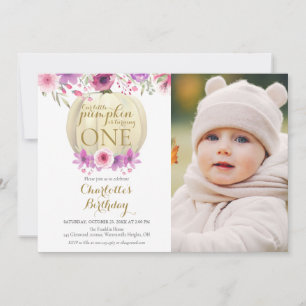 Floral Little Pumpkin Girls 1st Birthday Photo Invitation
