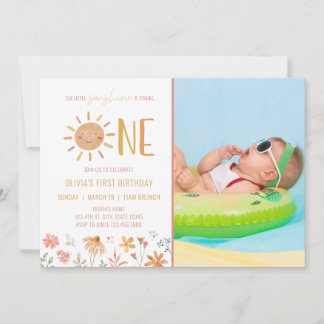 Floral Little Sunshine 1st Birthday Photo Invite