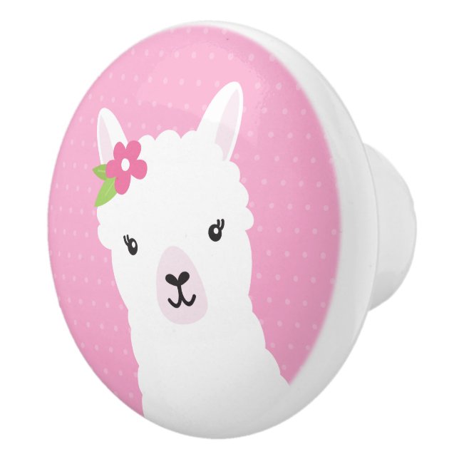 Floral Llama Alpaca Pink Ceramic Knob (Right)