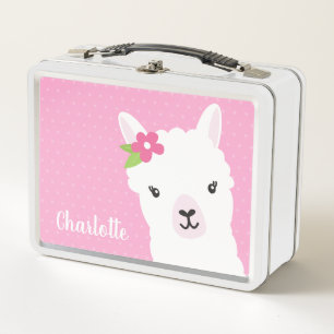 Floral Llama Alpaca Pink Personalised Girl Metal Lunch Box