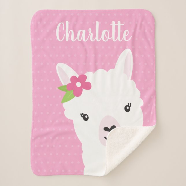 Floral Llama Alpaca Pink Personalised Girl Sherpa Blanket (Front)