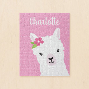 Floral Llama Alpaca Pink Personalized Kids Jigsaw Puzzle