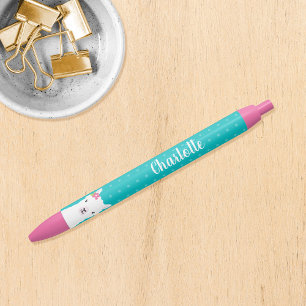 Floral Llama Alpaca Teal Personalised Black Ink Pen