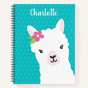 Floral Llama Alpaca Teal Personalised Girl Notebook