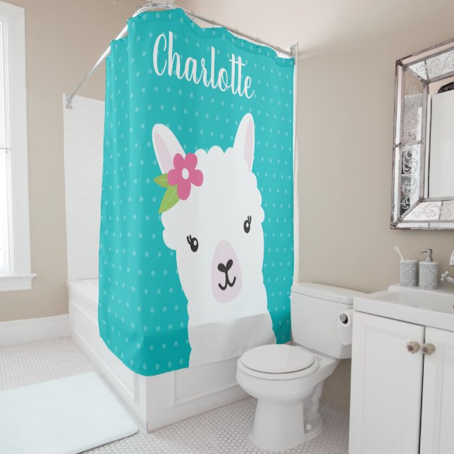 Floral Llama Alpaca Teal Personalised Kids Shower Curtain (In Situ)