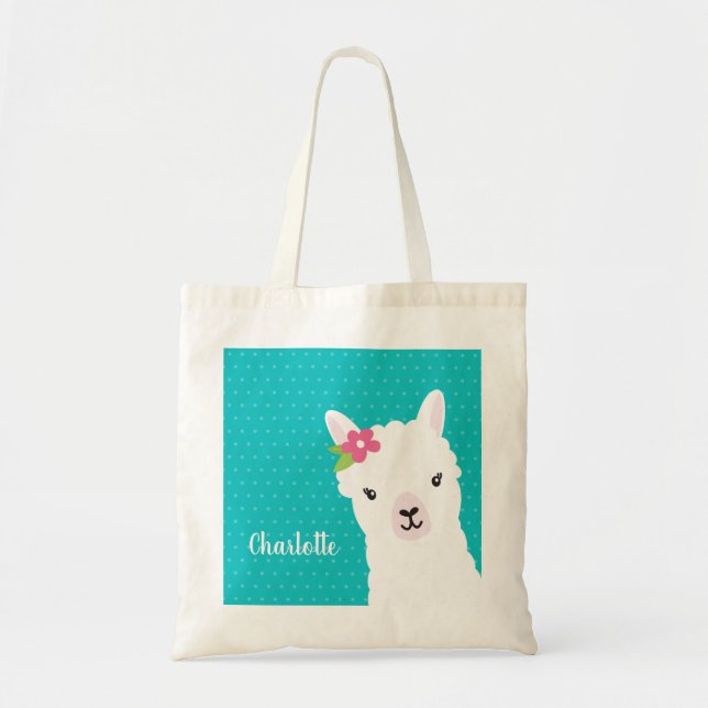 Floral Llama Alpaca Teal Personalized Tote Bag (Front)