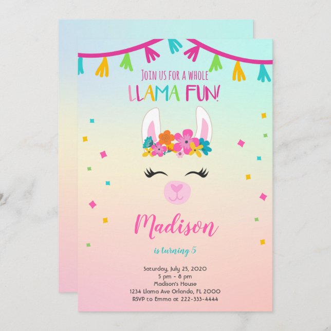 Floral Llama Birthday Invitation (Front/Back)