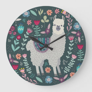 Floral Llama: Vintage Hand-Drawn Doodles Large Clock