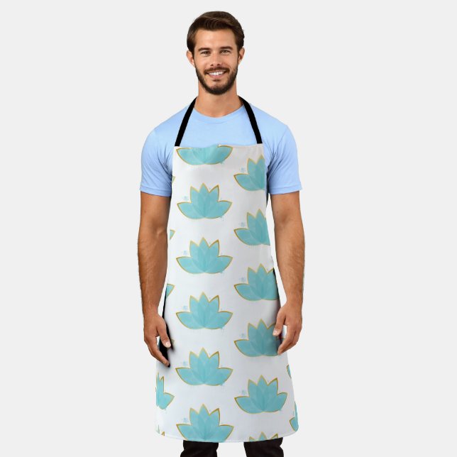 Floral Lotus Watercolor Seafoam Blue & Faux Gold Apron (Worn)