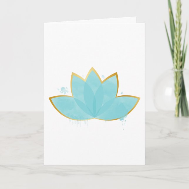 Floral Lotus Watercolor Seafoam Blue & Faux Gold Card (Front)