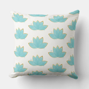 Floral Lotus Watercolor Seafoam Blue & Faux Gold Cushion