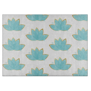 Floral Lotus Watercolor Seafoam Blue & Faux Gold Cutting Board
