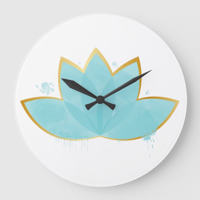 Floral Lotus Watercolor Seafoam Blue & Faux Gold Large Clock (Front)