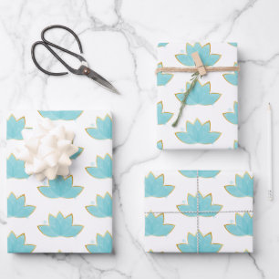 Floral Lotus Watercolor Seafoam Blue & Faux Gold Wrapping Paper Sheet