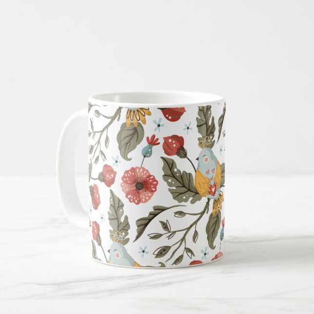 Floral Love Birds Bohemian Pattern Coffee Mug (Front Left)