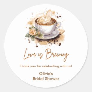 Floral Love is Brewing Brown Coffee Bridal Shower Classic Round Sticker